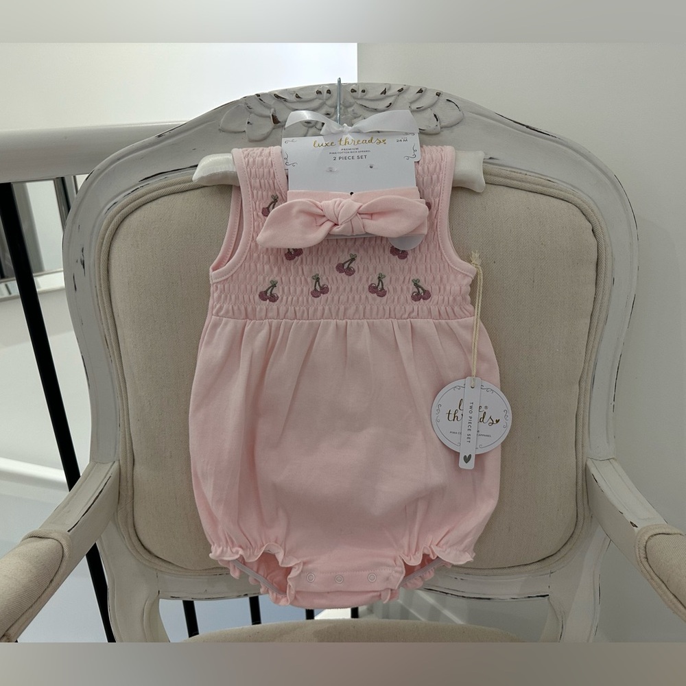 🍒 24 Mth Baby Pink Pima Cotton Romper with Hair Bow & Cherry Embroidery NWT